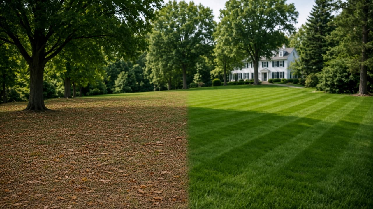 The same front lawn before and after care: brown turf covered in fallen leaves on the left, a striped green lawn and white colonial house on the right.