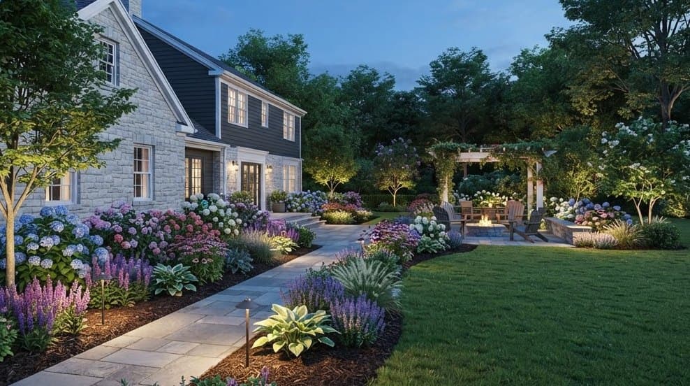 Architectural landscape design with perennial beds, hydrangeas, mulch paths, and landscape lighting in Connecticut.