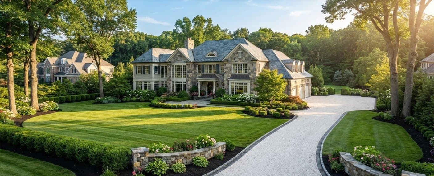 Connecticut estate with pruned hedges, dark mulch beds, and manicured foundation plantings.