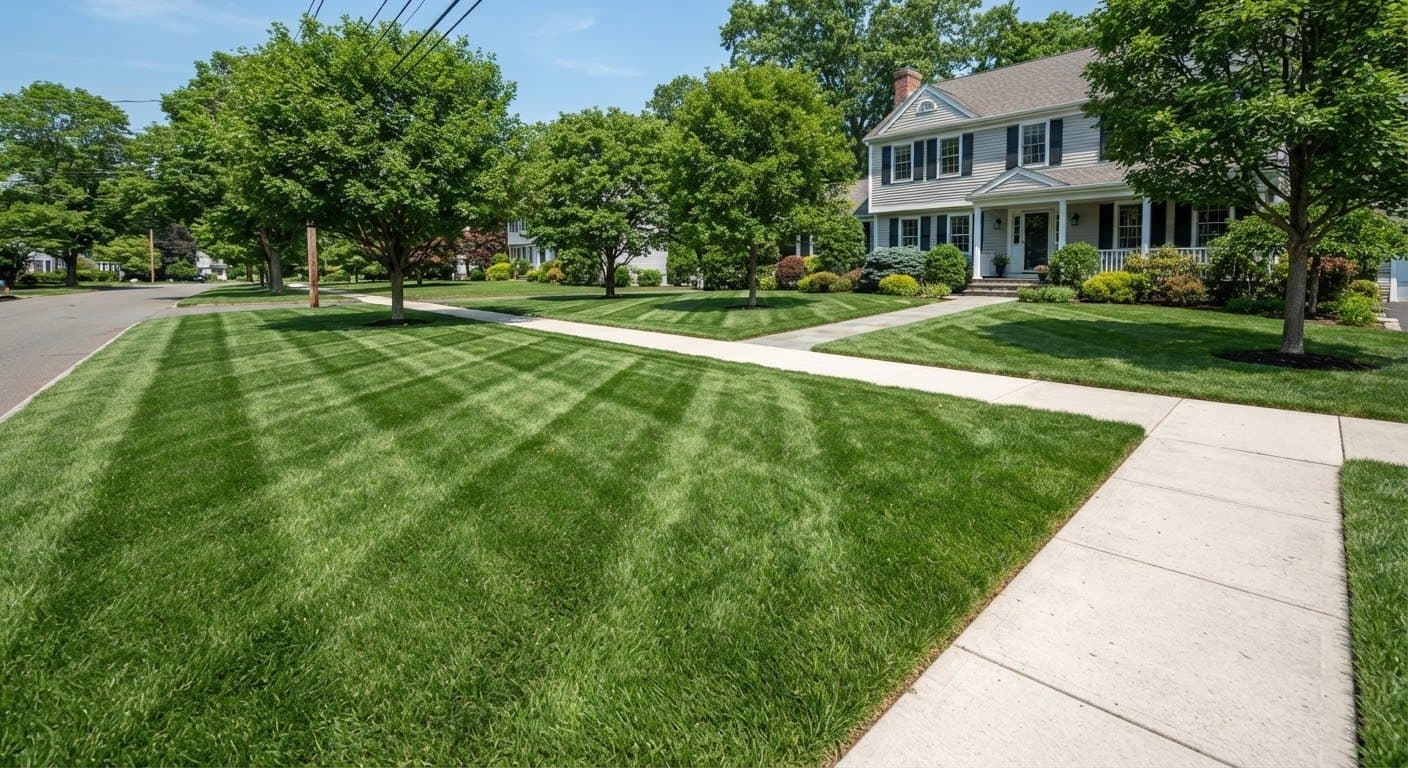 Deep green residential lawn with crisp mower striping and manicured turf edging in Wallingford, Connecticut.