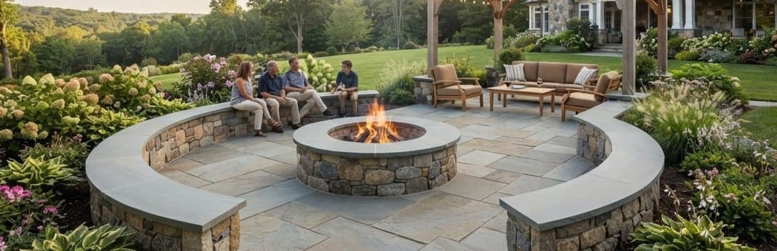 Bluestone patio with a stone fire pit, curved sitting walls, and landscaped flower beds.
